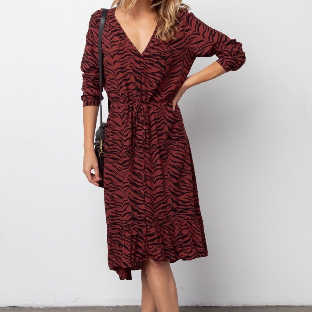 Rails Jade Rust Tiger Stripe Midi Ruffle Button Front Dress